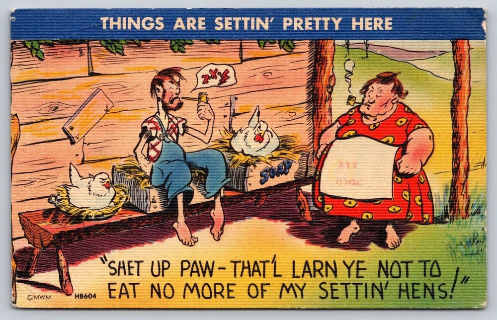 Vintage Hillbilly Humor Postcard MWM HB604 Settin' Hens Comic Art Unposted MO